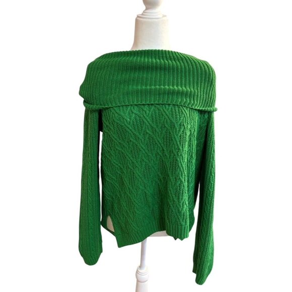 JEANNE PIERRE Sweaters - Jeanne Pierre Green Cable Knit Off-Shoulder Cotton Sweater XL